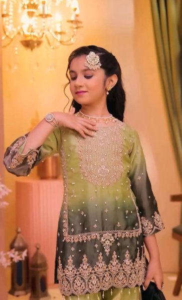 Lemon Yellow Girls GMY Silk Palazzo Suit Set with Sequins Embroidery and Organza Dupatta Girls Wear