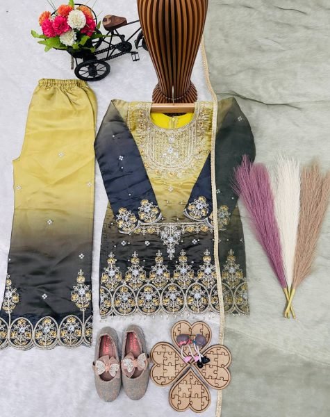 Lemon Yellow Girls GMY Silk Palazzo Suit Set with Sequins Embroidery and Organza Dupatta Girls Wear