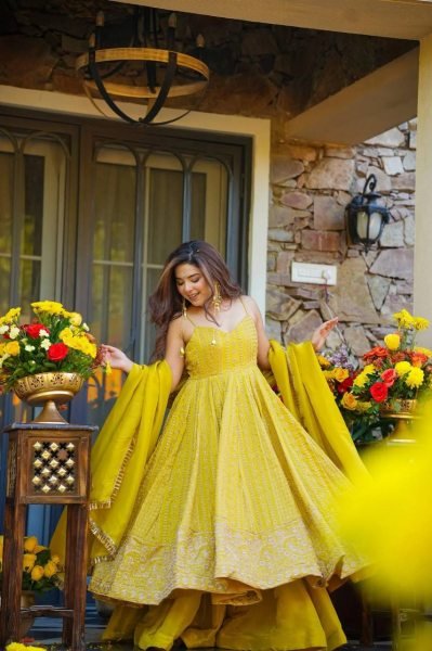 Lemon Yellow Tabby Organza Embroidered Gown Sharara Set with Lace Dupatta Ready To Wear Collection