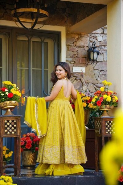Lemon Yellow Tabby Organza Embroidered Gown Sharara Set with Lace Dupatta Ready To Wear Collection