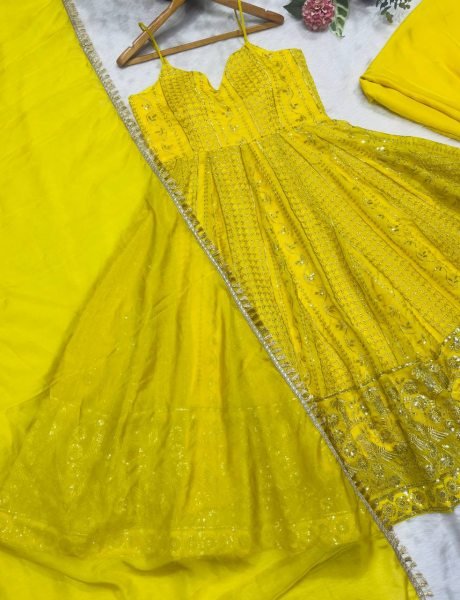 Lemon Yellow Tabby Organza Embroidered Gown Sharara Set with Lace Dupatta Ready To Wear Collection