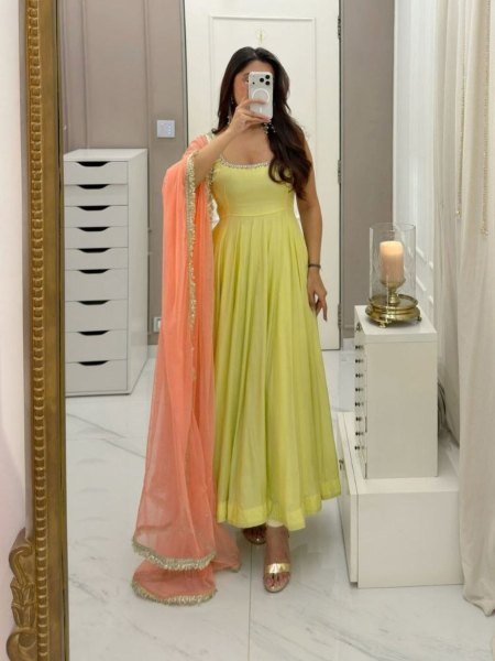 Lemone Yellow Fox Georgette Anarkali Gown with Palazzo and Dupatta Set for Women 