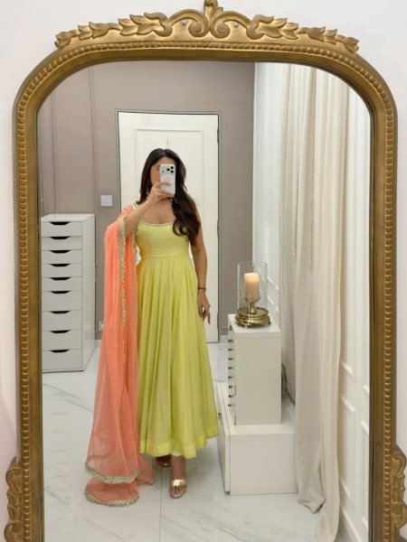 Lemone Yellow Fox Georgette Anarkali Gown with Palazzo and Dupatta Set for Women Anarkali Kurtis 