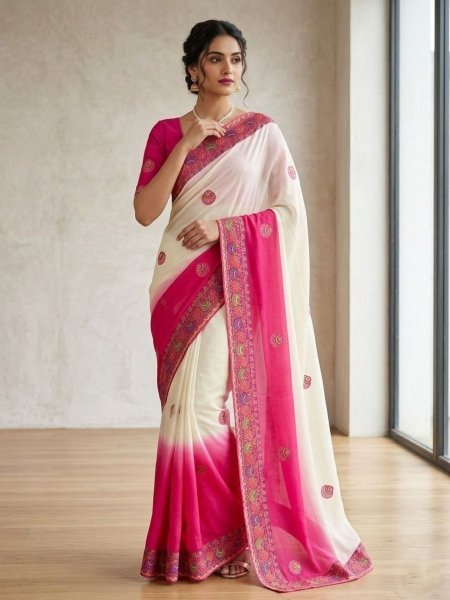 Libas White Crepe Bandhani Saree with Contrast Pink Pallu  Sarees 