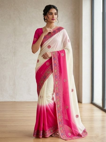 Libas White Crepe Bandhani Saree with Contrast Pink Pallu  Silk Sarees Wholesale