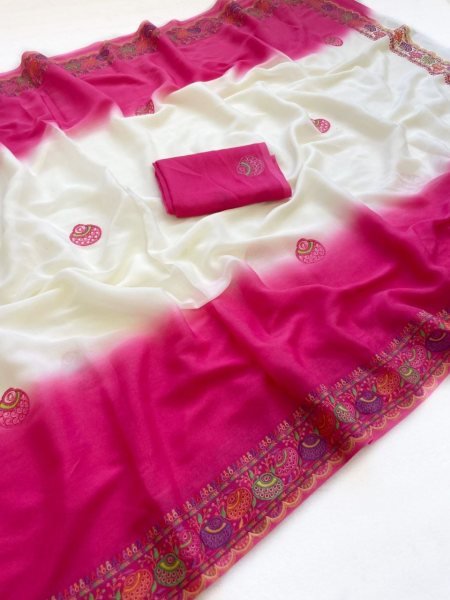Libas White Crepe Bandhani Saree with Contrast Pink Pallu  Silk Sarees Wholesale