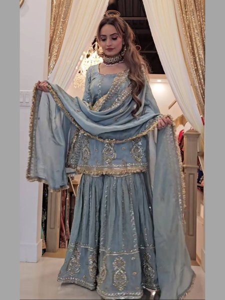 Light Blue Chinon Ready To Wear Sharara Suit Heavy Embroidery   Tassel Detailing Premium Festive Wear for Online Resellers  Ready To Wear Suit