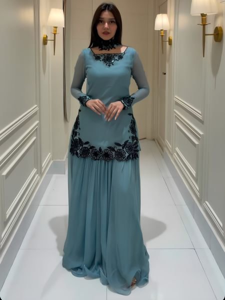 Light Blue Designer Faux Georgette Party Wear Top Palazzo Set with Heavy Embroidery Ready To Wear Suit