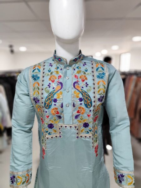 Light Blue Silk Kurta Pajama with Embroidery Work for Wedding Functions Kurta Pajama Wholesale