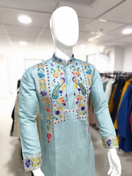 Light Blue Silk Kurta Pajama with Embroidery Work for Wedding Functions Kurta Pajama Wholesale