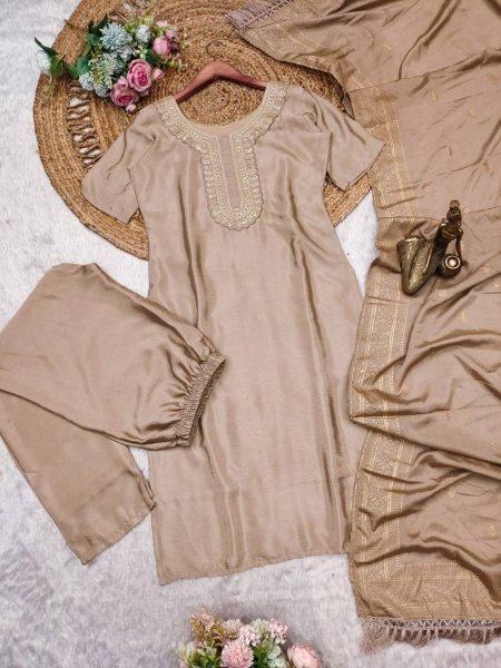 Light Brown Ethnic Suit with Gold Embroidery   Perfact For Casual Wear 3 Piece Kurti Set