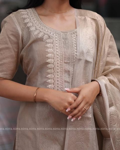 Light Brown Ethnic Suit with Gold Embroidery   Perfact For Casual Wear 3 Piece Kurti Set