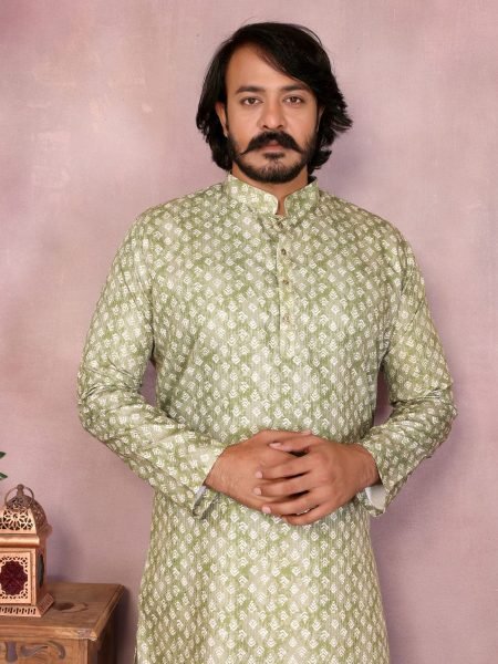  Light Green Cotton Sequence Work Kurta Pyjama Mehendi Function Mens Wear