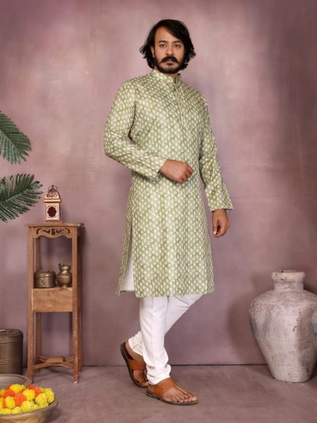  Light Green Cotton Sequence Work Kurta Pyjama Mehendi Function Kurta Pajama Wholesale