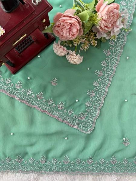Light Green Faux Georgette Saree with Thread, Sequin and Pearl Work with Full Sleeve Blouse Georgette Sarees Wholesale