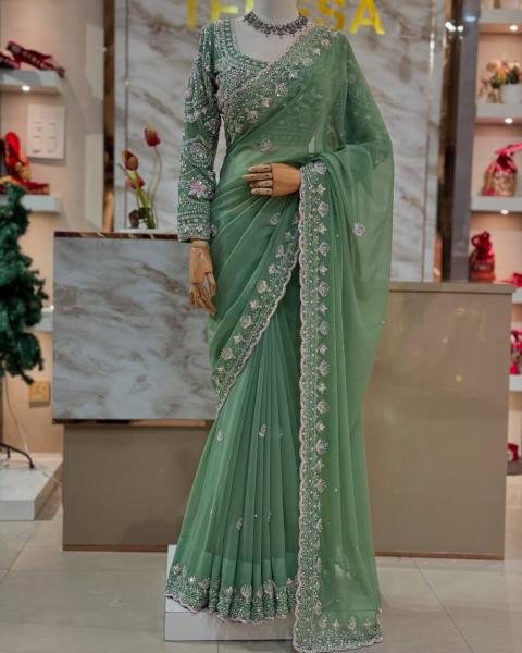 Light Green Faux Georgette Saree with Thread, Sequin and Pearl Work with Full Sleeve Blouse Georgette Sarees Wholesale