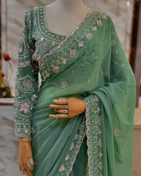 Light Green Faux Georgette Saree with Thread, Sequin and Pearl Work with Full Sleeve Blouse Georgette Sarees Wholesale