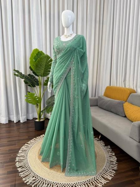 Light Green Faux Georgette Saree with Thread, Sequin and Pearl Work with Full Sleeve Blouse Georgette Sarees Wholesale