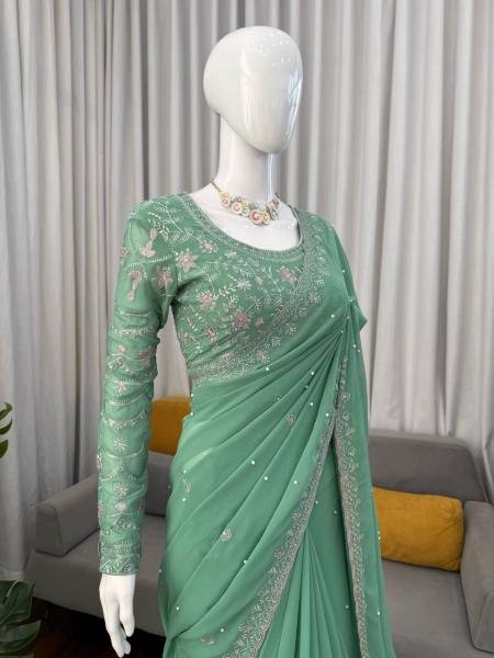 Light Green Faux Georgette Saree with Thread, Sequin and Pearl Work with Full Sleeve Blouse Georgette Sarees Wholesale