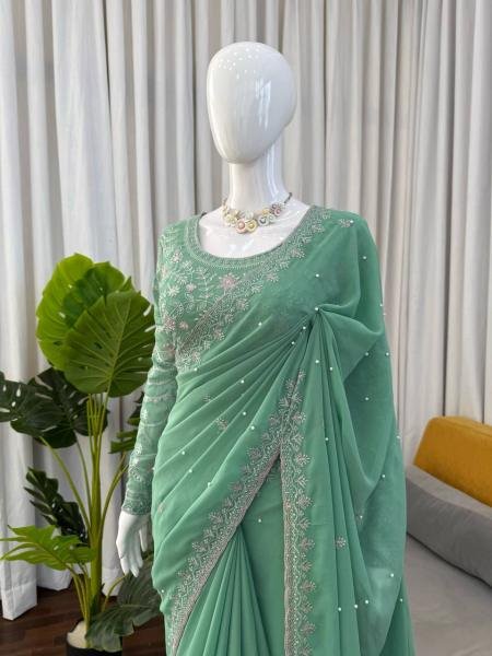 Light Green Faux Georgette Saree with Thread, Sequin and Pearl Work with Full Sleeve Blouse Georgette Sarees Wholesale