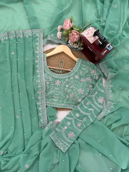 Light Green Faux Georgette Saree with Thread, Sequin and Pearl Work with Full Sleeve Blouse Georgette Sarees Wholesale