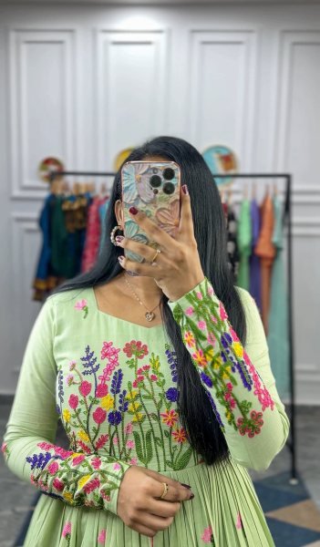 Light Green Grace Embroidered Kora Cotton Kurti for Office & Daily Comfort Anarkali Kurtis 