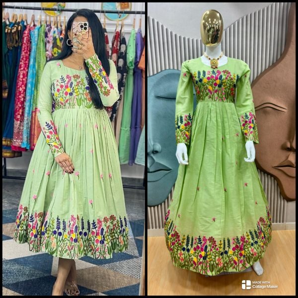 Light Green Grace Embroidered Kora Cotton Kurti for Office & Daily Comfort Anarkali Kurtis 