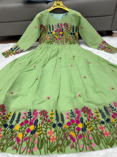 Light Green Grace Embroidered Kora Cotton Kurti for Office & Daily Comfort Anarkali Kurtis 