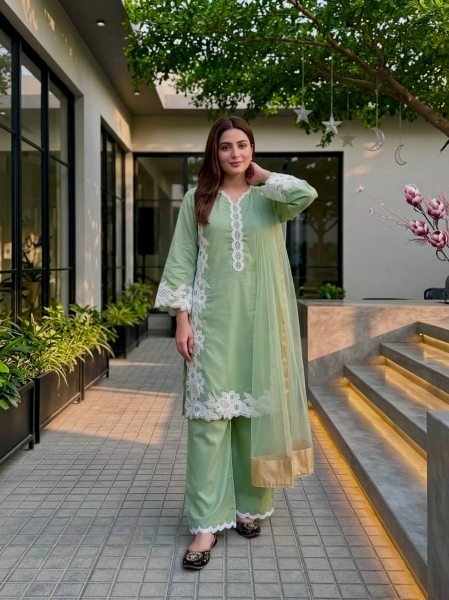 Light Green Natural Silk Suit Set with Heavy Embroidery and Designer Palazzo Pants Ready To Wear Collection