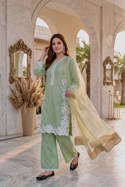 Light Green Natural Silk Suit Set with Heavy Embroidery and Designer Palazzo Pants Ready To Wear Collection