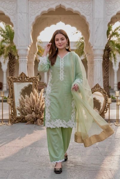 Light Green Natural Silk Suit Set with Heavy Embroidery and Designer Palazzo Pants Ready To Wear Collection