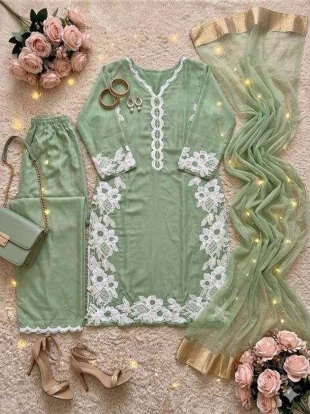 Light Green Natural Silk Suit Set with Heavy Embroidery and Designer Palazzo Pants Ready To Wear Collection
