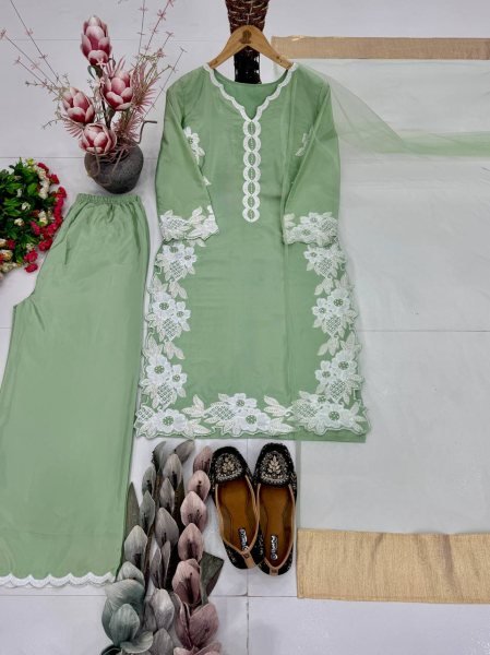 Light Green Natural Silk Suit Set with Heavy Embroidery and Designer Palazzo Pants Ready To Wear Collection