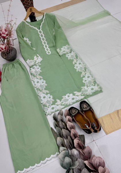 Light Green Natural Silk Suit Set with Heavy Embroidery and Designer Palazzo Pants Ready To Wear Collection