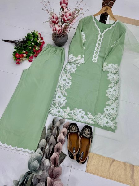 Light Green Natural Silk Suit Set with Heavy Embroidery and Designer Palazzo Pants Ready To Wear Collection