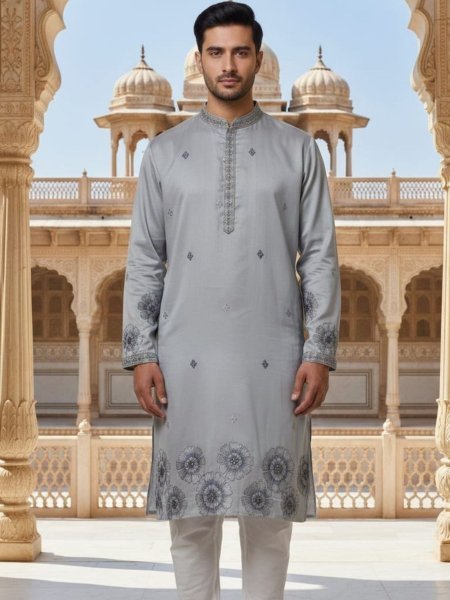 Light Grey Pure Silk Kurta for Men with Heavy Multicolour Embroidery and Sequins 