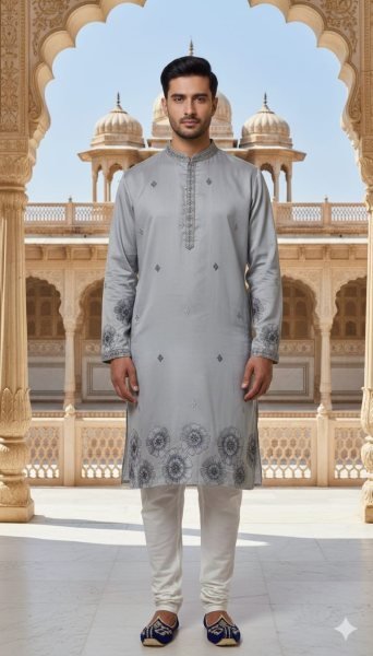 Light Grey Pure Silk Kurta for Men with Heavy Multicolour Embroidery and Sequins Kurta Pajama Wholesale