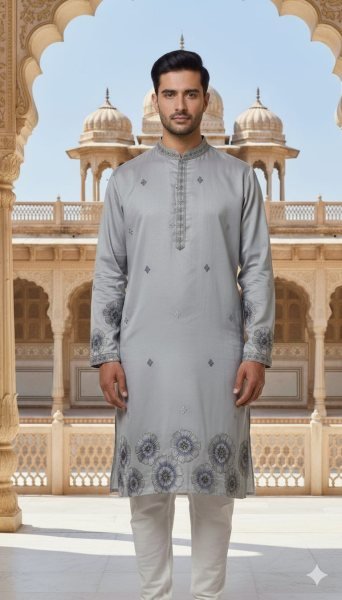 Light Grey Pure Silk Kurta for Men with Heavy Multicolour Embroidery and Sequins Kurta Pajama Wholesale