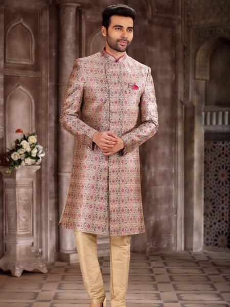 Light Pink Art Silk Printed Indo-Western Sherwani for Wedding Wear Mens Wear