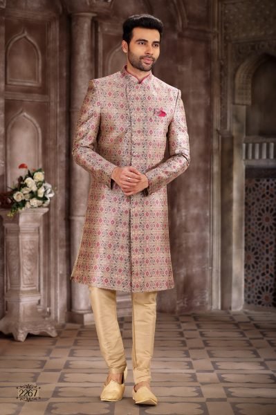 Light Pink Art Silk Printed Indo-Western Sherwani for Wedding Wear Kurta Pajama Wholesale