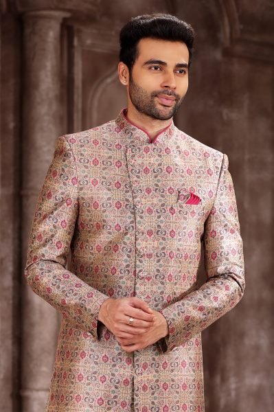Light Pink Art Silk Printed Indo-Western Sherwani for Wedding Wear Kurta Pajama Wholesale