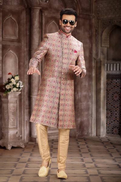 Light Pink Art Silk Printed Indo-Western Sherwani for Wedding Wear Kurta Pajama Wholesale