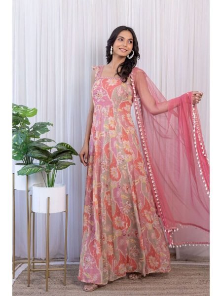 Light Pink Colour Long  Gown With Dupatta Kurti With Dupatta Wholesale