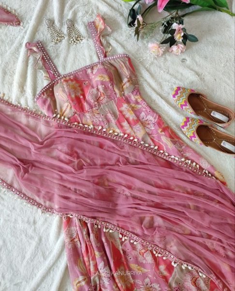 Light Pink Colour Long  Gown With Dupatta Kurti With Dupatta Wholesale