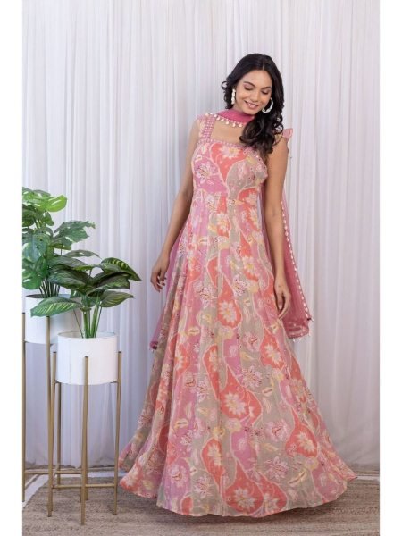 Light Pink Colour Long  Gown With Dupatta Kurti With Dupatta Wholesale