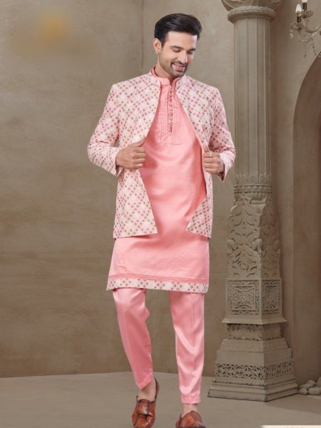 Light Pink Ethnic Printed Mysore Silk Jacket Kurta Set for Men Stylish Malai Silk Wedding Look Mens Wear