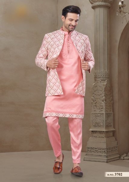 Light Pink Ethnic Printed Mysore Silk Jacket Kurta Set for Men Stylish Malai Silk Wedding Look Kurta Pajama Wholesale