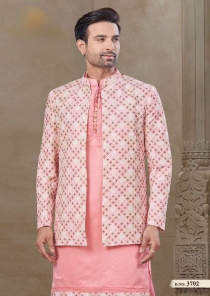 Light Pink Ethnic Printed Mysore Silk Jacket Kurta Set for Men Stylish Malai Silk Wedding Look Kurta Pajama Wholesale