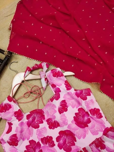 Light Pink Flower Printed Georgette Gown With Dupatta Kurti With Dupatta Wholesale