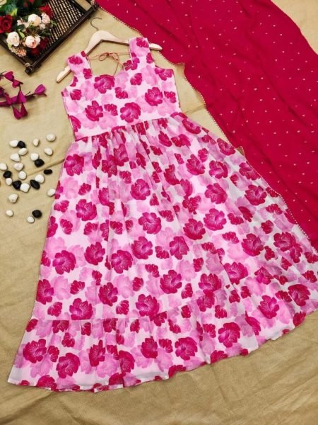 Light Pink Flower Printed Georgette Gown With Dupatta Kurti With Dupatta Wholesale